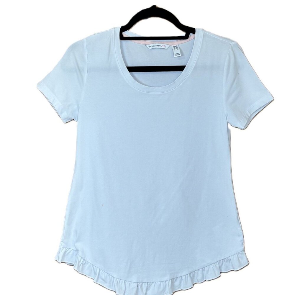 ISAACMIZRAHILIVE! Women's White Ruffle Hem T-Shirt Top XXS Cotton Blend Knit